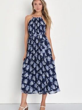 Lulu's Navy & Light Blue Floral Halter Midi Dress Sz XS NWT